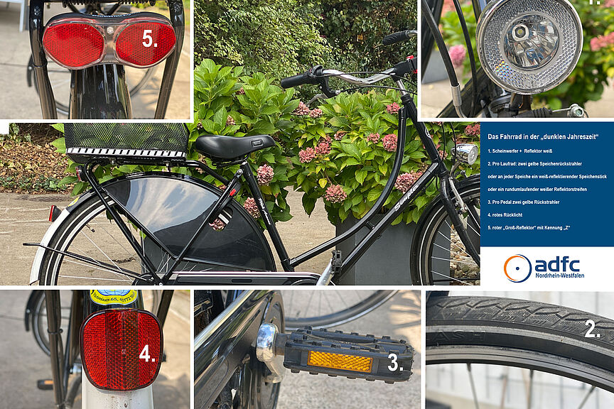 Beleuchtung am Rad  Ein Fahrrad mit allen vorgeschriebenen Lampen vorne und hinten sowie zusätzlichen Reflektoren in den Lampen, an den Pedalen sowie als rundumlaufender Refkeltorstreifen an beiden Rädern oder alternativ in den Speichen.